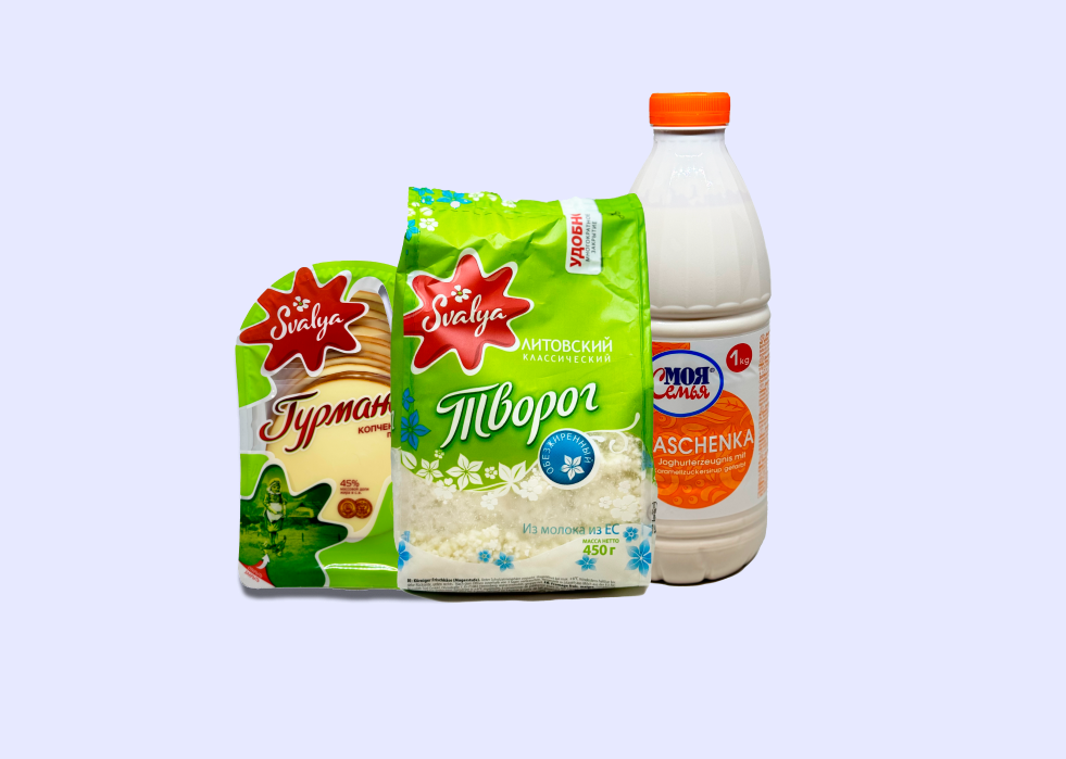 Produits laitiers slaves : tvorog Milochka, kefir Moya semya, ryazhenka