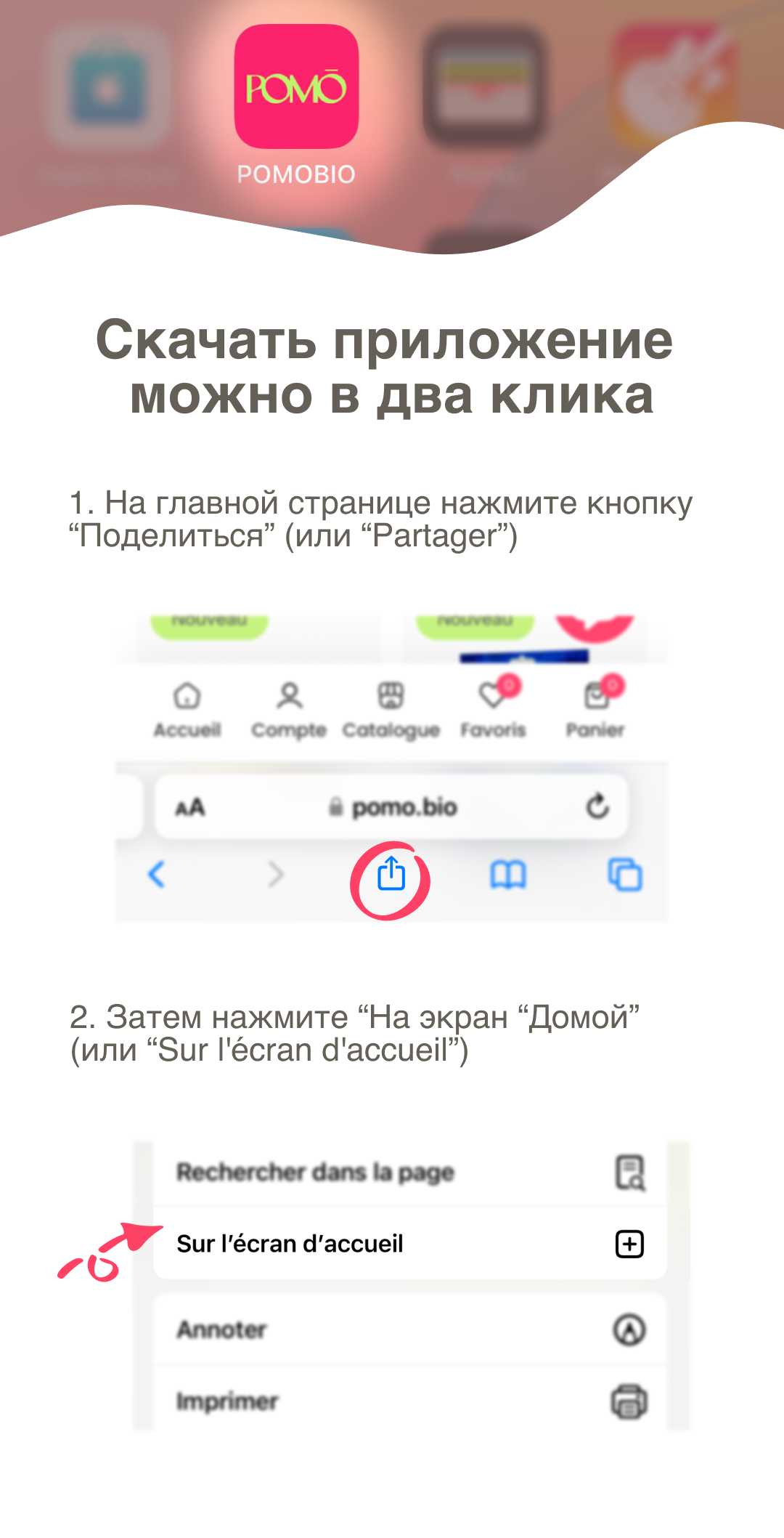 Bannière tutoriel — comment ajouter l'application Pomo.bio sur l'écran d'accueil de votre iPhone en 2 clics. Livraison rapide d'épicerie slave à Paris.