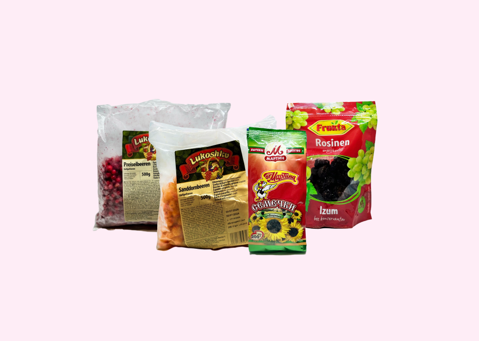 Sachets de baies surgelées, graines et fruits secs – épicerie russe à Paris