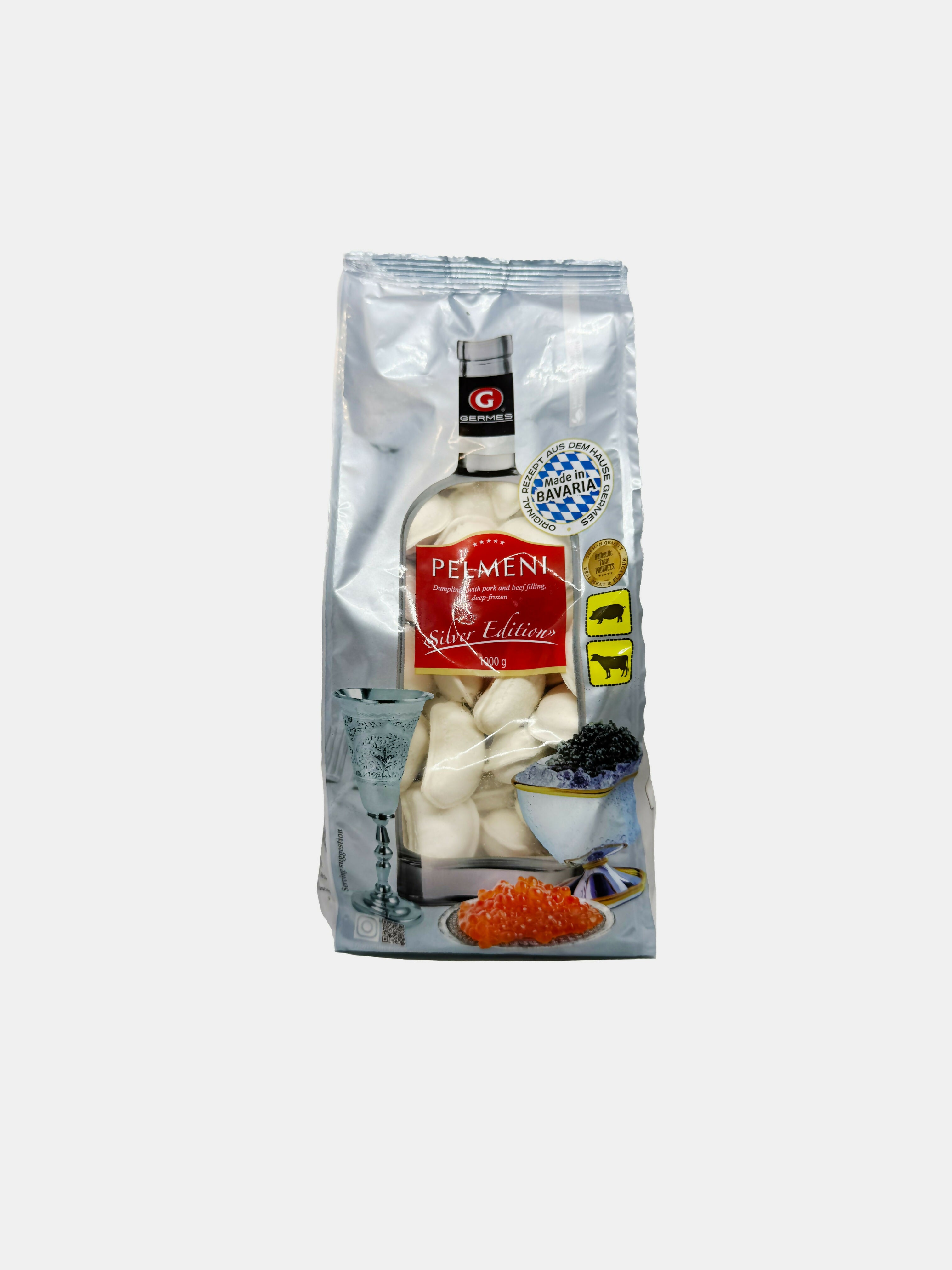 Pelmenis «Na Troikh» de la marque «Germes», 1 kg, raviolis russes surgelés à la viande, épicerie russe à Nice