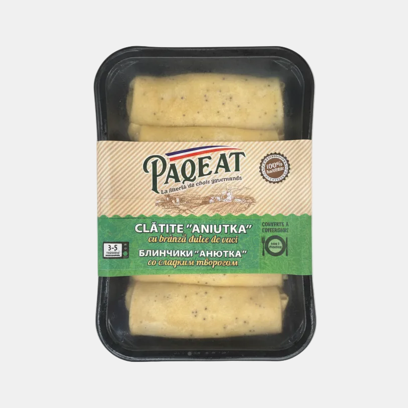 Barquette de crêpes surgelées Paqeat fourrées au fromage blanc sucré 350 g, épicerie slave