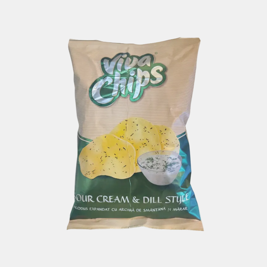 Paquet de chips Viva goût crème fraîche et aneth 100 g, produit roumain, épicerie slave