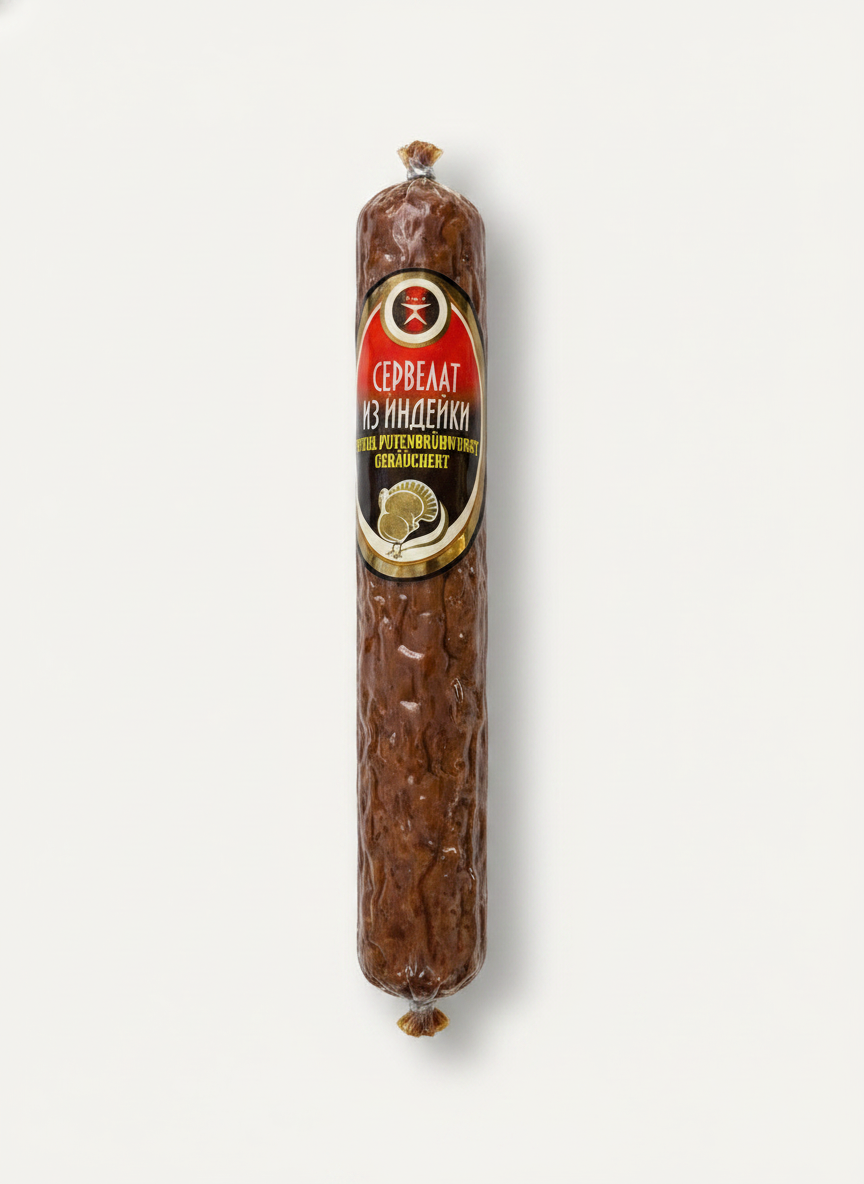 Bâtonnet de cervelat de dinde fumé Monolith 270 g en emballage rouge, épicerie slave