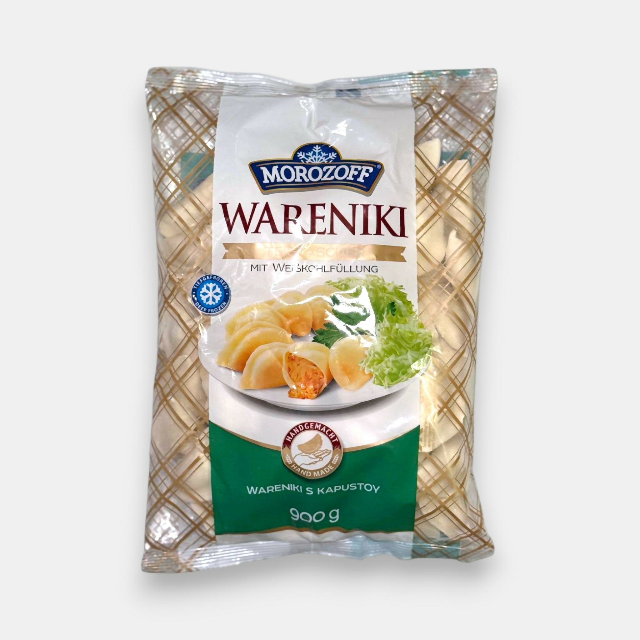 Vareniki au chou Morozoff surgelés en sachet, emballage vu de face, spécialité slave traditionnelle farcie au chou, Pomo.bio épicerie slave à Paris, livraison rapide à Paris