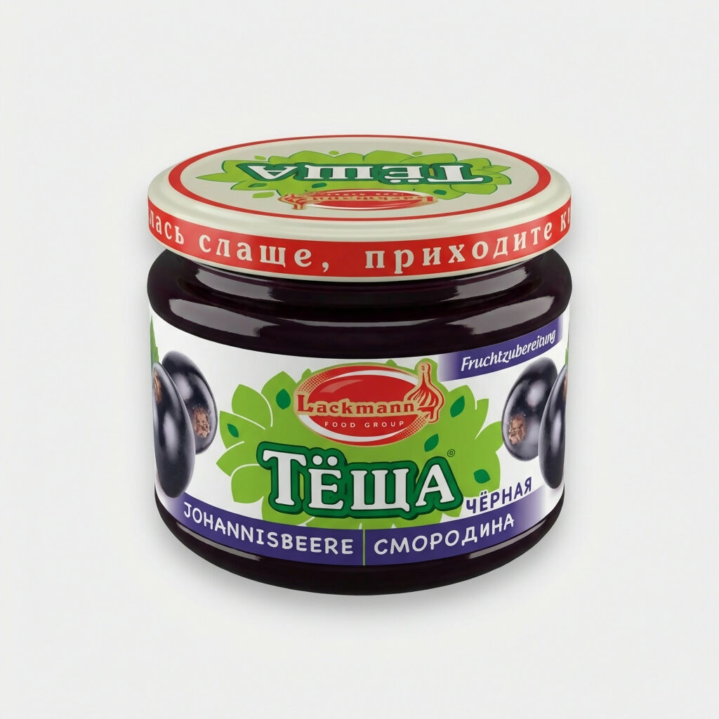 Confiture de cassis Tiochtcha 350 g, bocal en verre avec baies noires sur l’étiquette, confiture aromatique d’épicerie slave sur Pomo.bio, livraison rapide à Paris