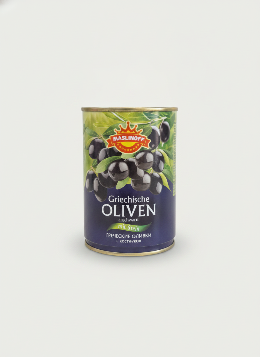 Boîte de conserve d'olives noires grecques dénoyautées Maslinoff 420 g, épicerie slave