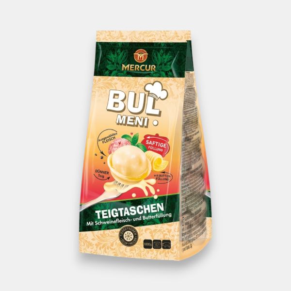 Sachet de pelmeni Bulmeni Mercur 1 kg farce porc et beurre, épicerie slave Paris