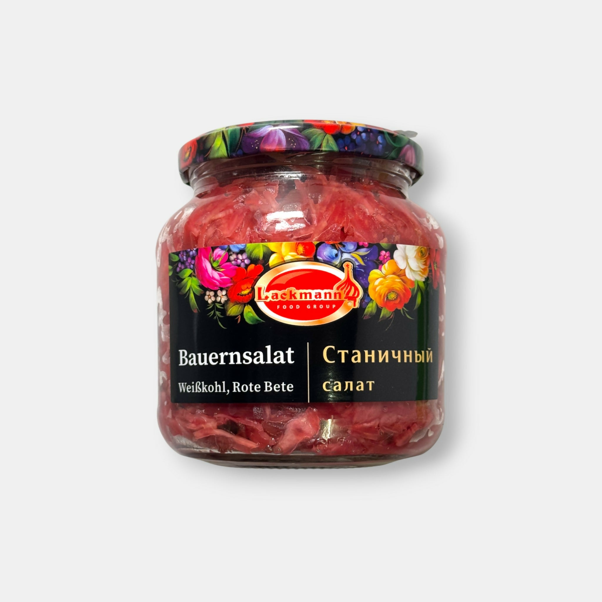 Bocal de salade “Stanichny” Lackmann, mélange de légumes marinés aux couleurs vives, bocal décoré, disponible chez Pomo.bio, épicerie slave à Paris.