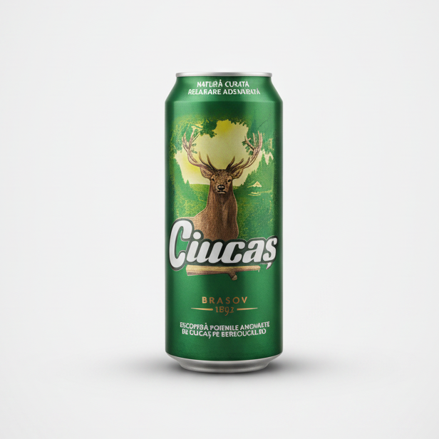 Canette verte de bière blonde roumaine Ciucas 500 ml, brassée à Brașov depuis 1892, épicerie slave