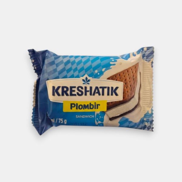 Sandwich glacé plombir Kreshatik 15% sur biscuits au cacao 75 g, épicerie slave