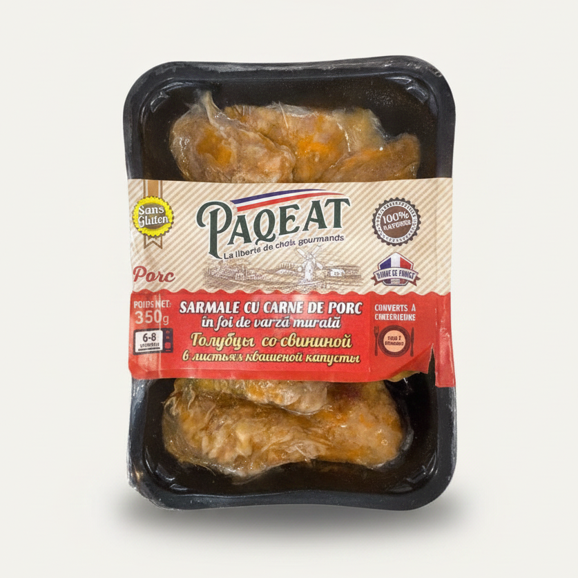 Barquette de sarmale surgelés au porc en feuilles de chou fermenté Paqeat 350 g, épicerie slave