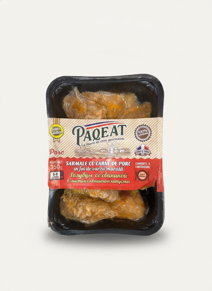 Barquette de sarmale surgelés au porc en feuilles de chou fermenté Paqeat 350 g, épicerie slave