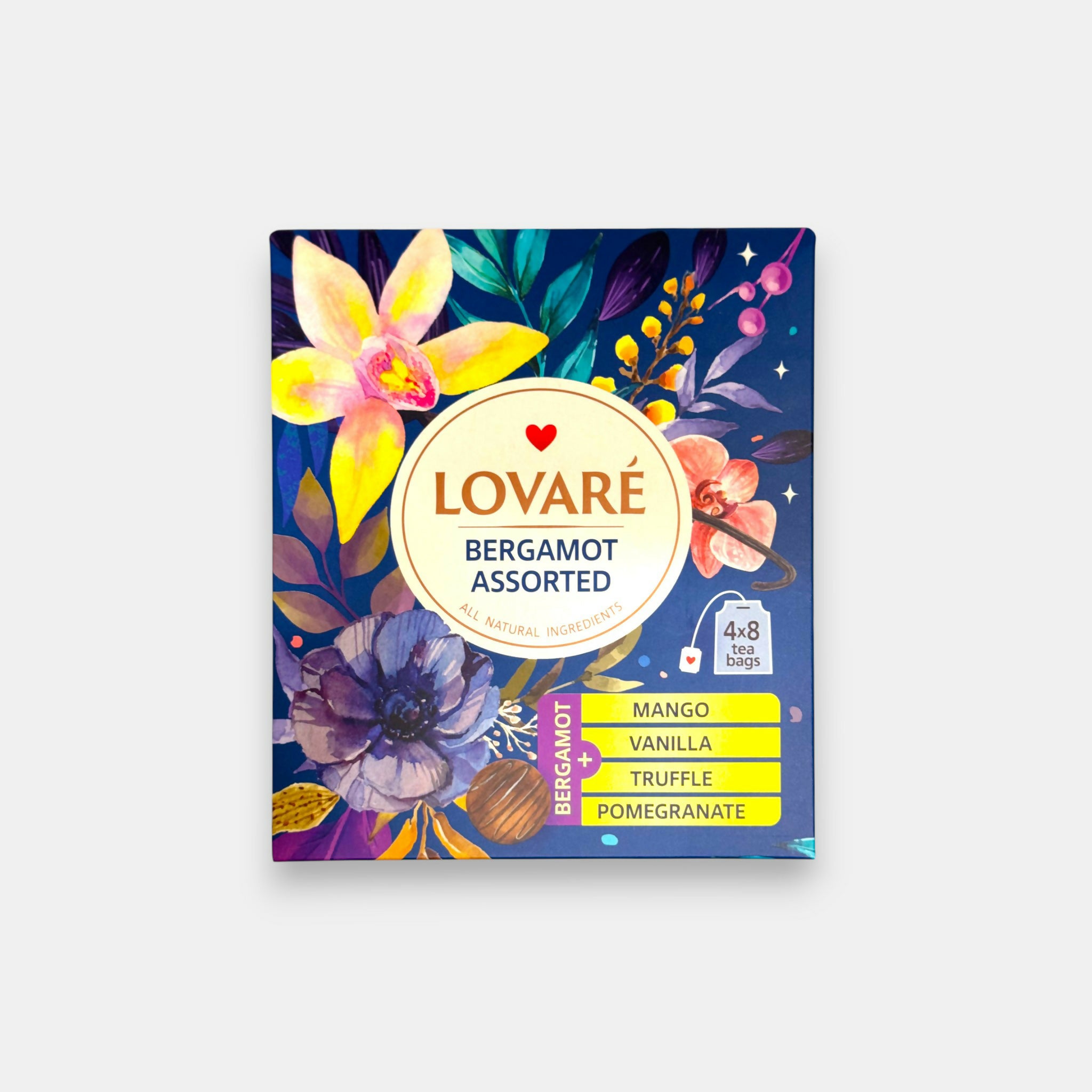 Boîte d’assortiment de thés noirs Lovare au bergamote, 32 sachets — saveurs mangue, vanille, truffe et grenade. Épicerie slave Pomo.bio, livraison rapide à Paris.