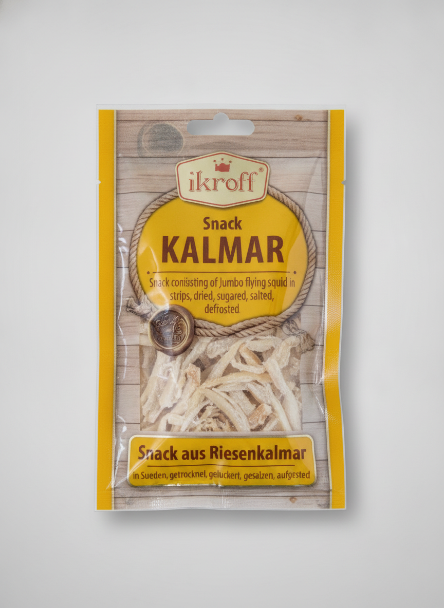 Sachet de snack calamar géant séché en lanières Ikroff, épicerie slave, apéritif salé