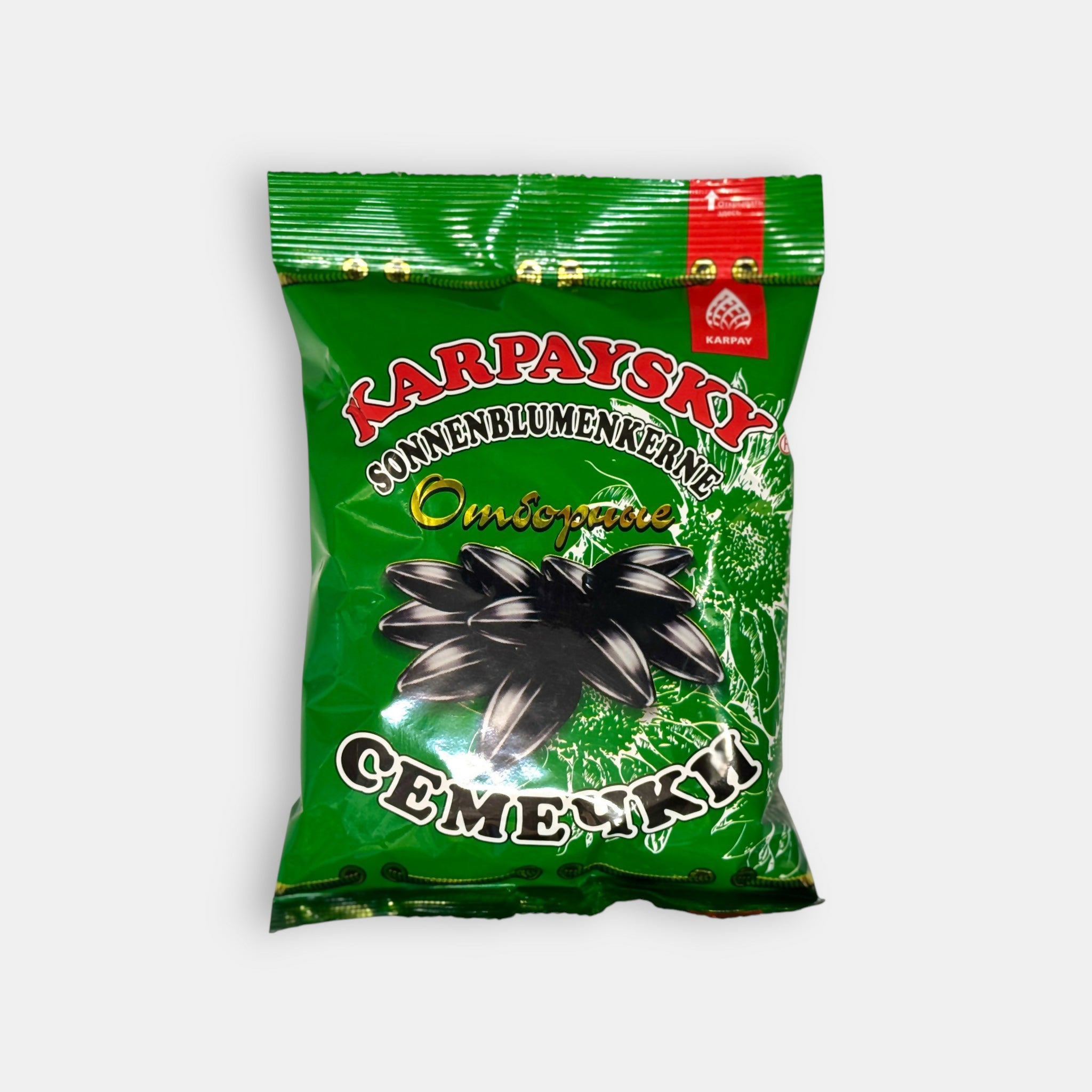 Sachet vert de graines de tournesol sélectionnées, vue de face, snack d’épicerie slave à Paris — livraison rapide Pomo.bio.