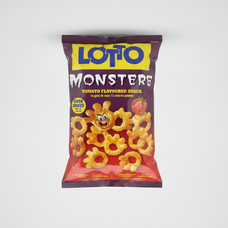 Paquet de snacks goût tomate Lotto Monsters 80 g, formes originales cuites au four, épicerie slave