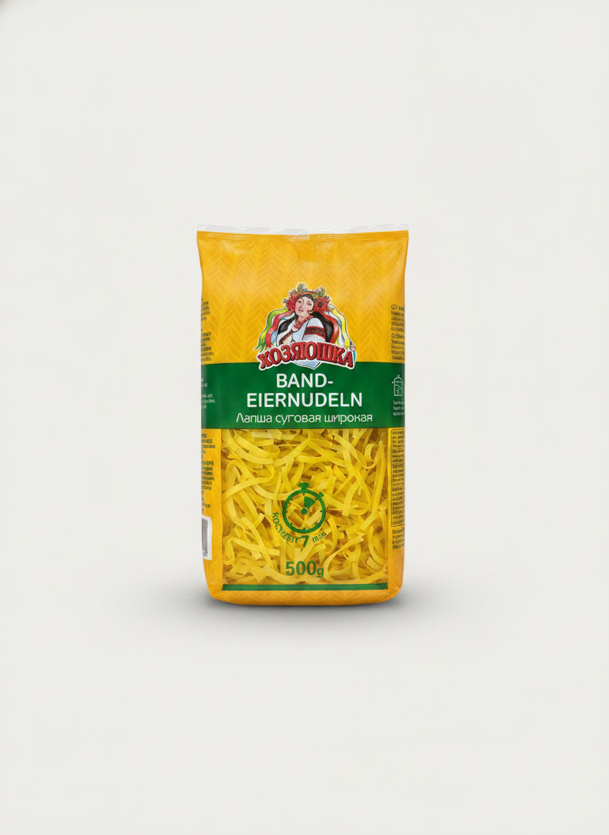 Paquet de nouilles larges aux œufs Khozyaushka 500 g pour soupe, épicerie slave