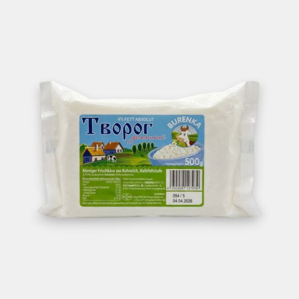 Paquet de fromage cottage granuleux Burenka 4% 500 g, épicerie slave à Paris