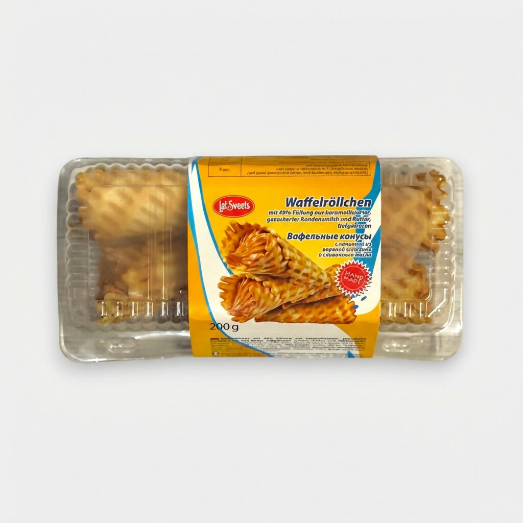Cigarettes gaufrées au lait concentré bouilli Latsweets, boîte de 200 g, gaufrettes roulées croustillantes au caramel, épicerie slave Pomo.bio, livraison rapide à Paris