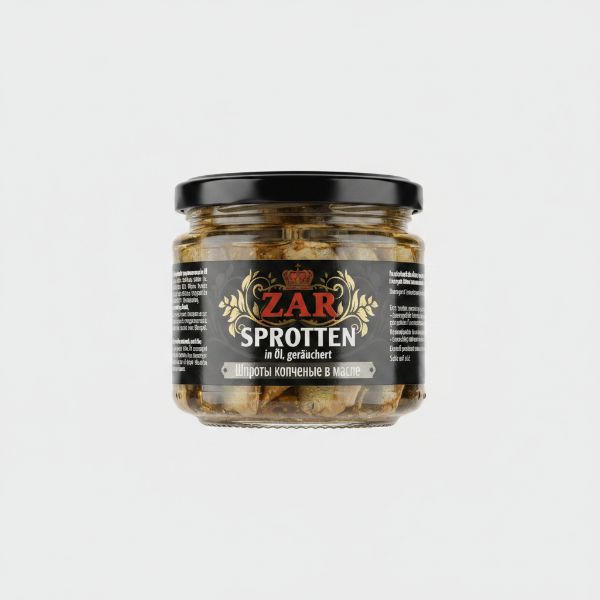 Bocal en verre de sprats fumés à l'huile Zar 250 g, conserve de poisson, épicerie slave