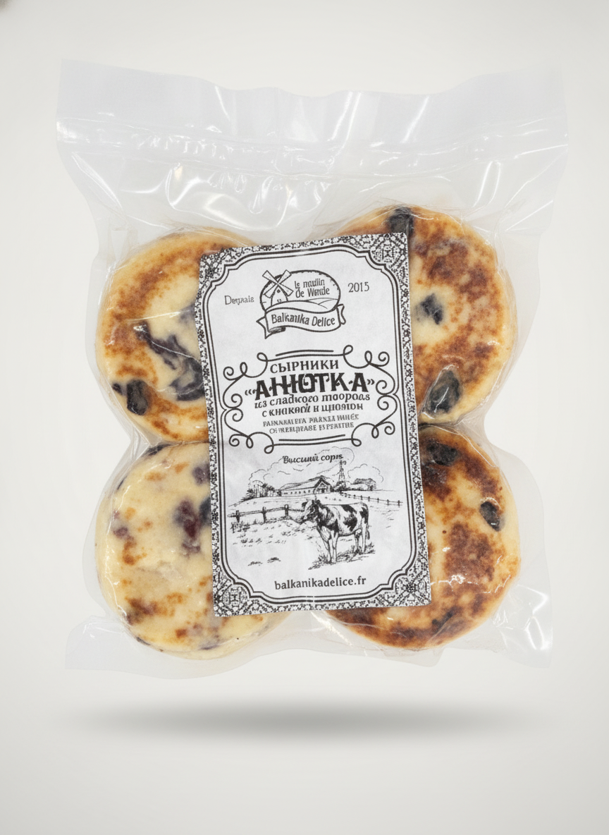 Syrniki sucrés à la canneberge et raisins secs Aniotka Balkanika Delice 400 g, épicerie slave