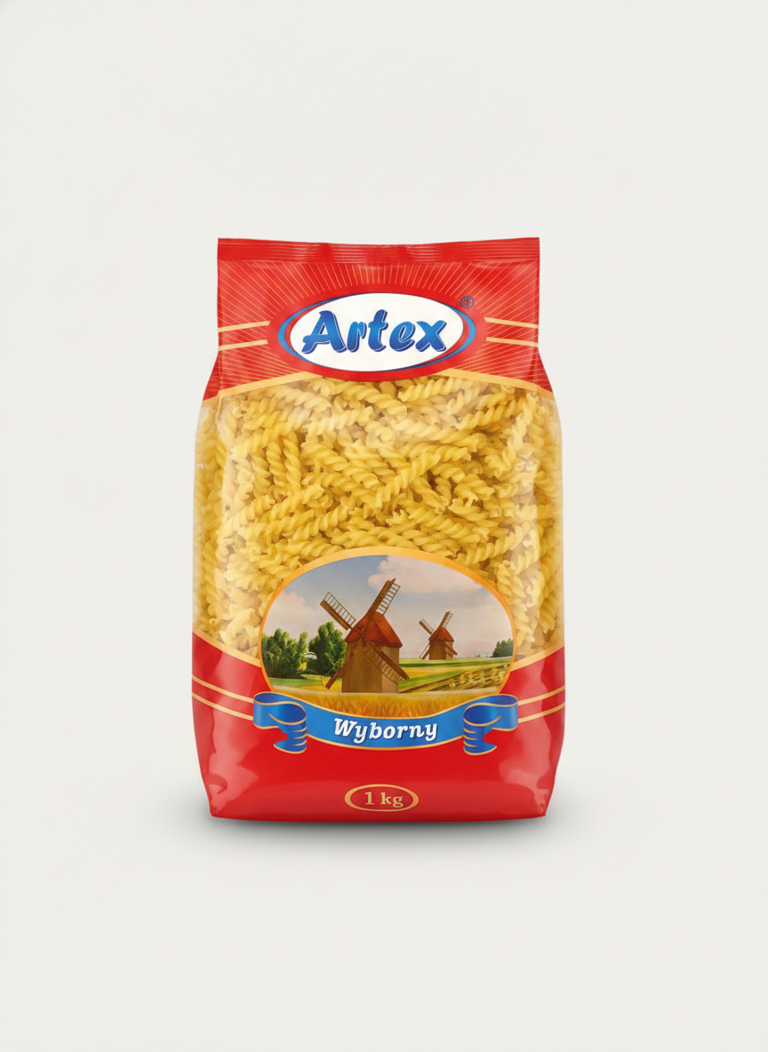 Paquet de pâtes fusilli au curcuma Artex Wyborny 1 kg, épicerie slave polonaise