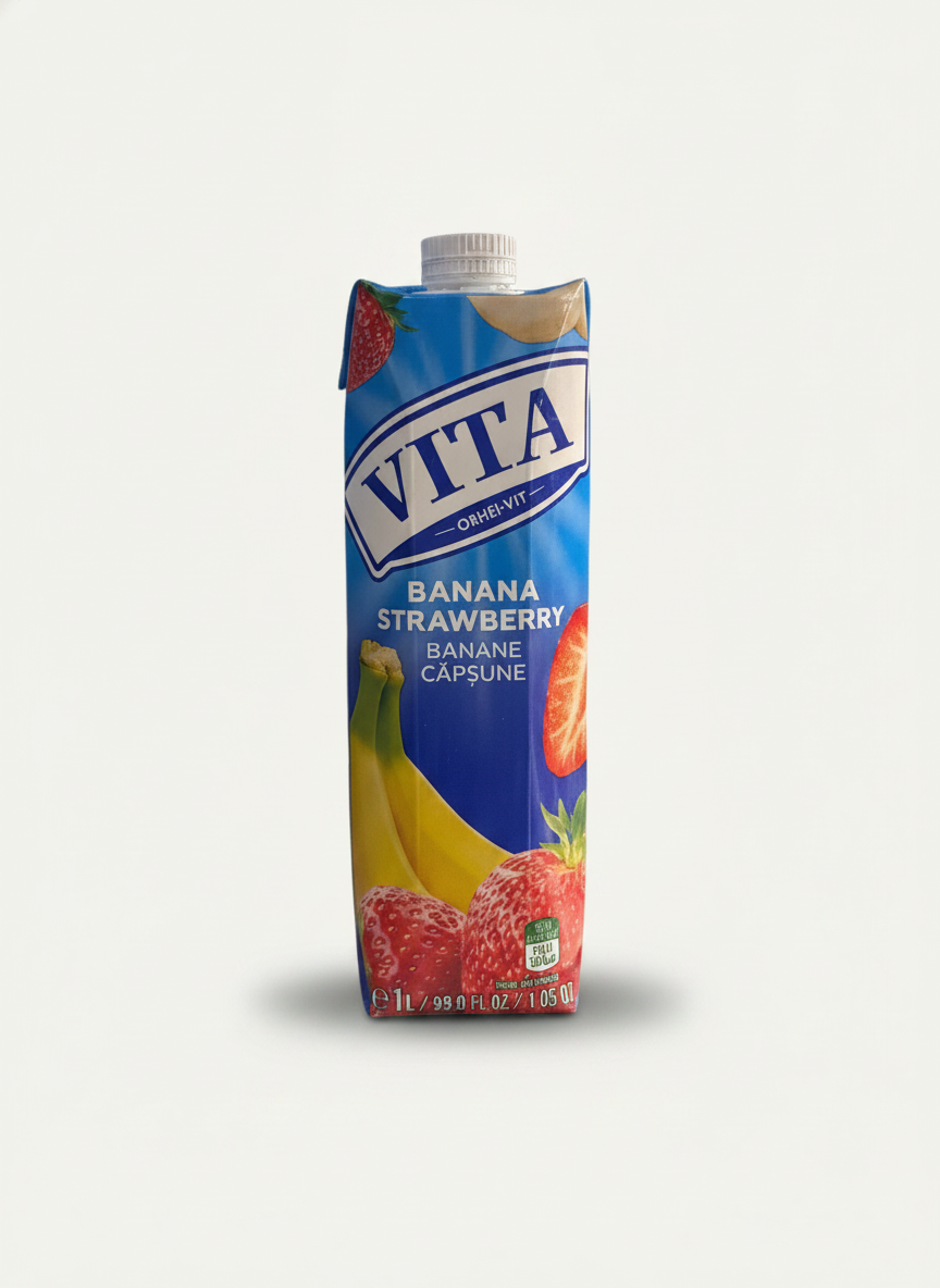 Brique de jus banane-fraise Vita 1 l, Orhei-Vit Moldavie, épicerie slave Pomo.bio