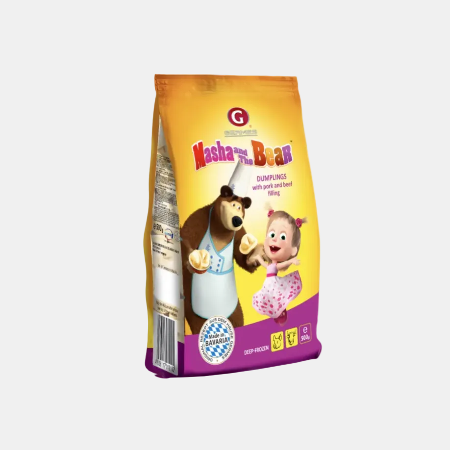 Pelmeni Masha et l'Ours 500g – emballage vue de face, pâtes farcies russes surgelées