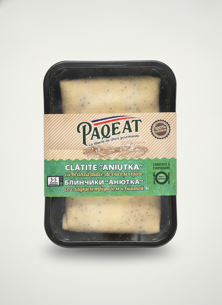 Barquette de crêpes Aniutka au fromage blanc et cerises surgelées Paqeat 450 g, épicerie slave