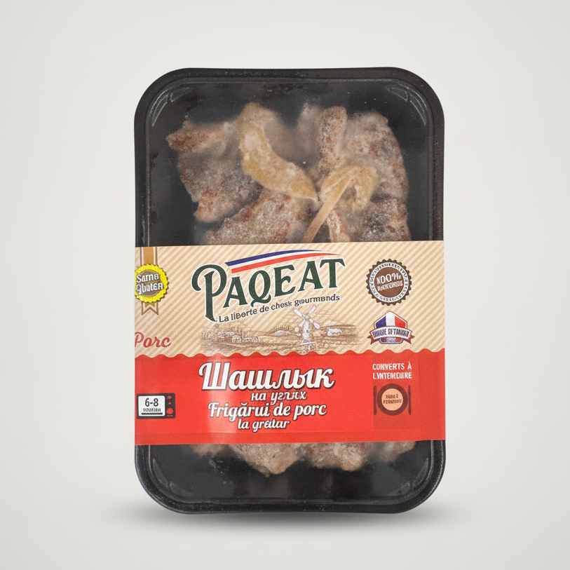 Barquette de brochettes de porc grillées au charbon surgelées Paqeat 250 g, épicerie slave