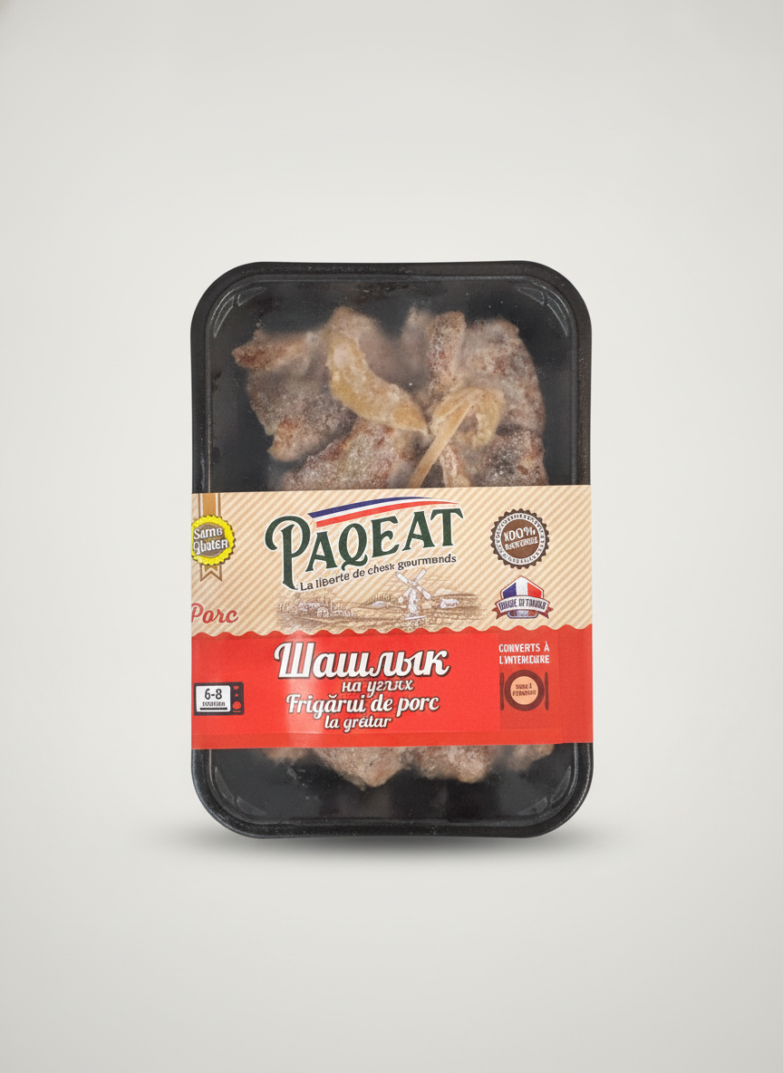 Barquette de brochettes de porc grillées au charbon surgelées Paqeat 250 g, épicerie slave