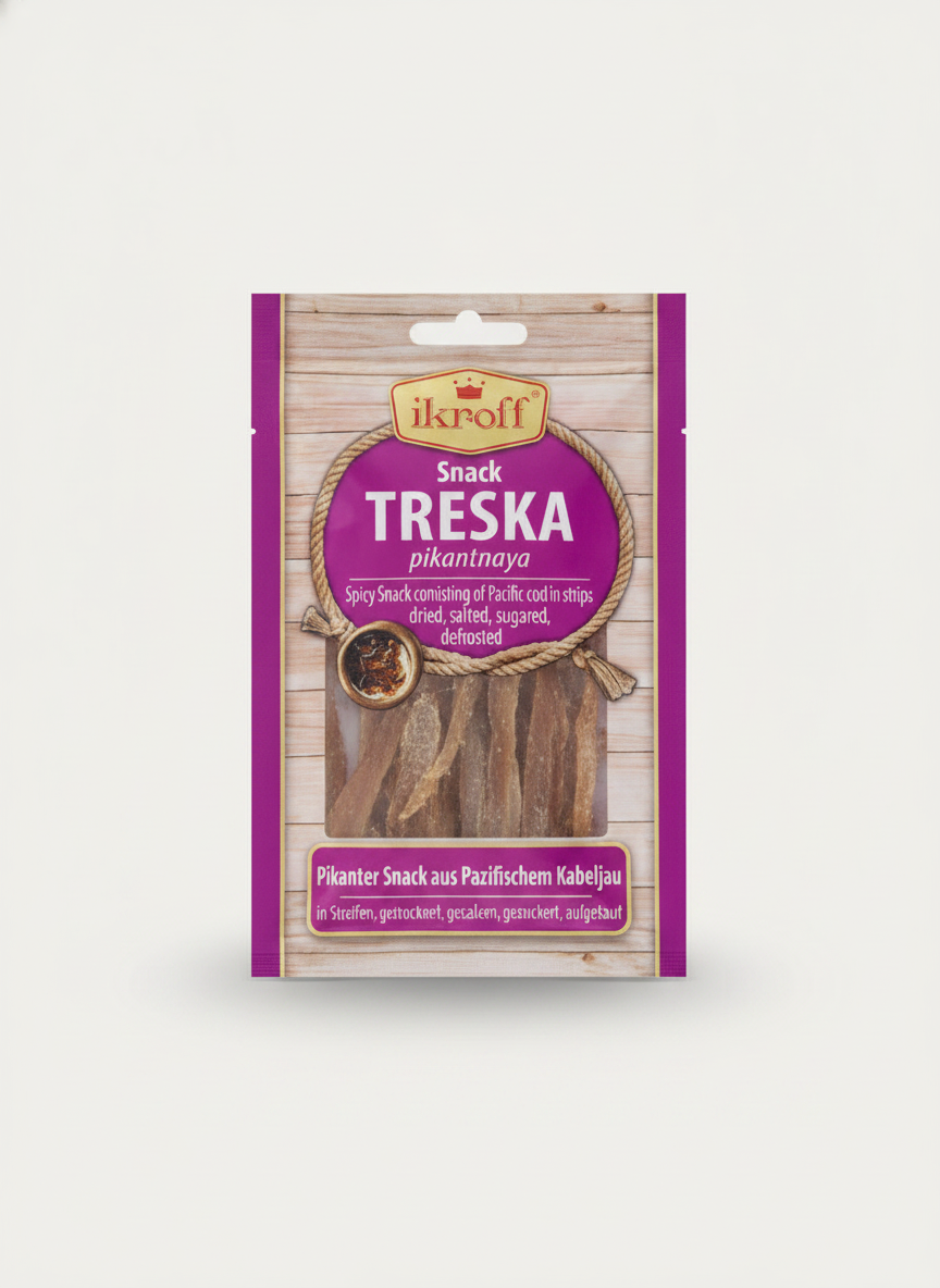 Sachet de poisson séché épicé Treska Pikantnaya Ikroff 36 g, épicerie slave en ligne