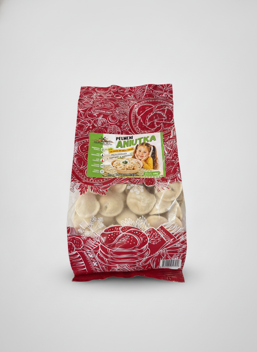 Paquet de pelmeni surgelés Aniutka Balkanika Delice au poulet et à la dinde, 800 g, épicerie slave