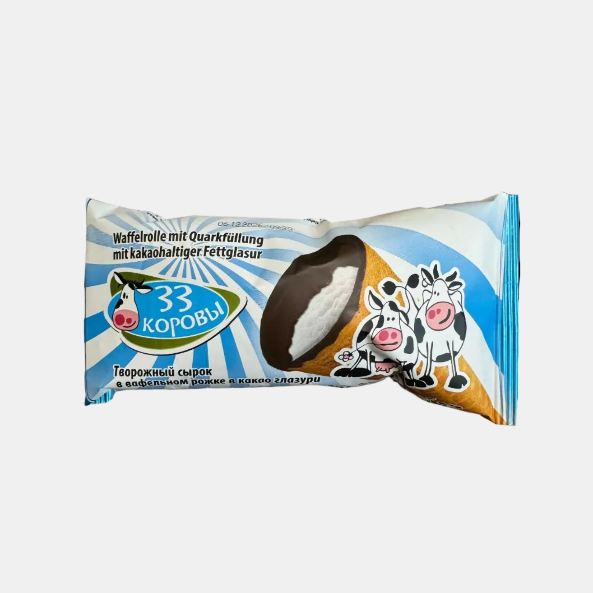 Barre de fromage frais 33 Korovy 39 g – vue de face de l'emballage individuel