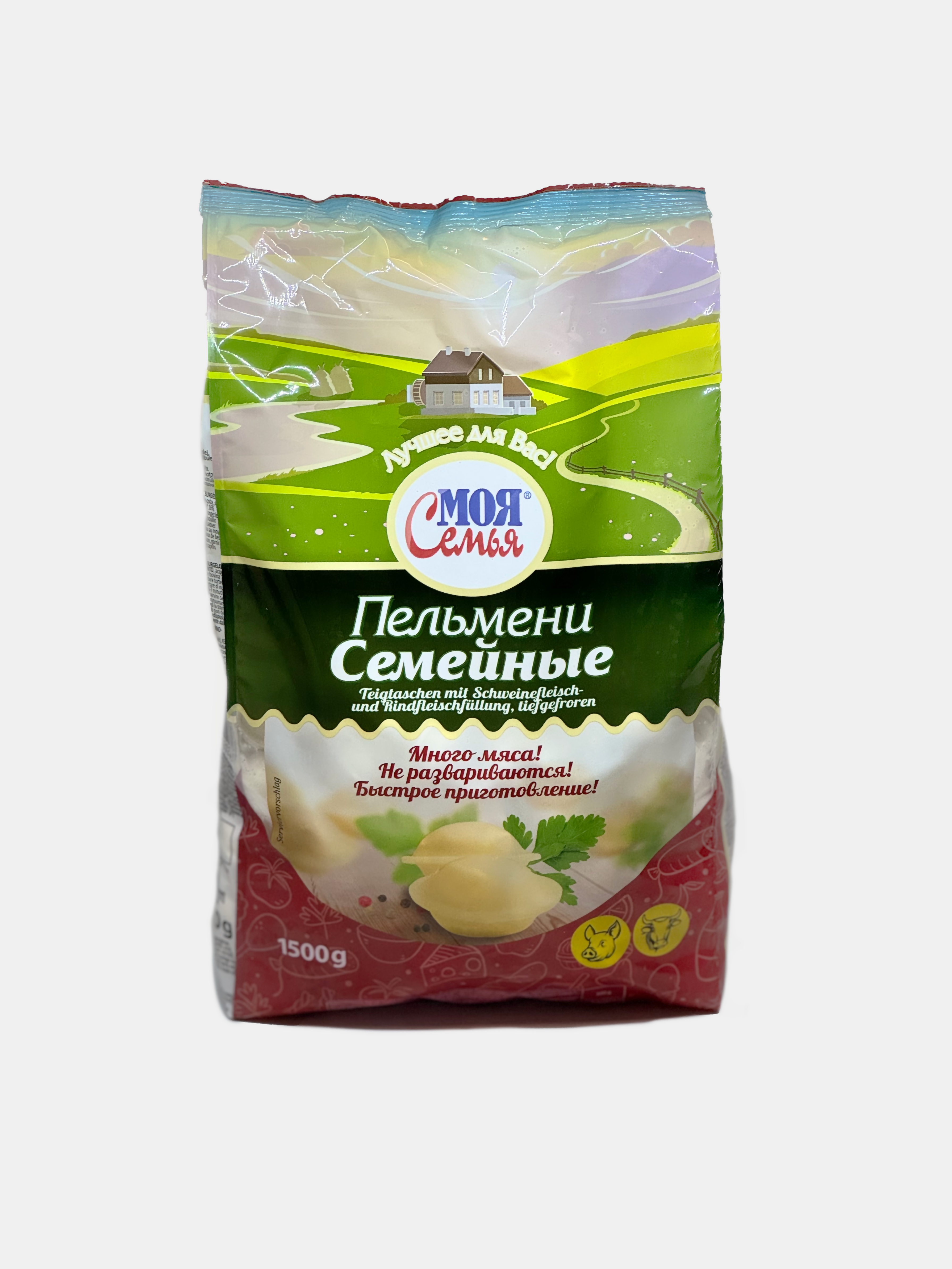 Pelmeni porc et bœuf Moya Semya 1,5 kg — vue de face de l'emballage