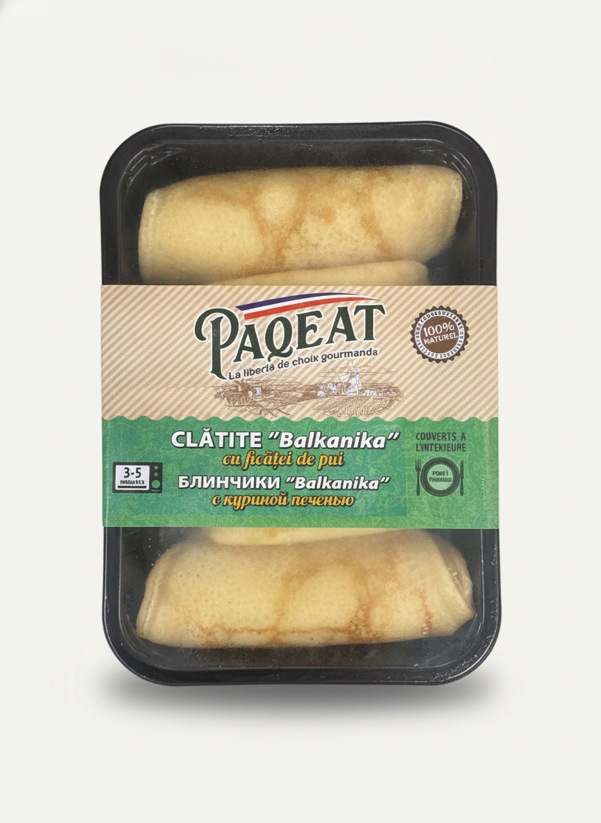 Barquette de crêpes surgelées Paqeat Balkanika à la foie de poulet 350 g, plat cuisiné épicerie slave