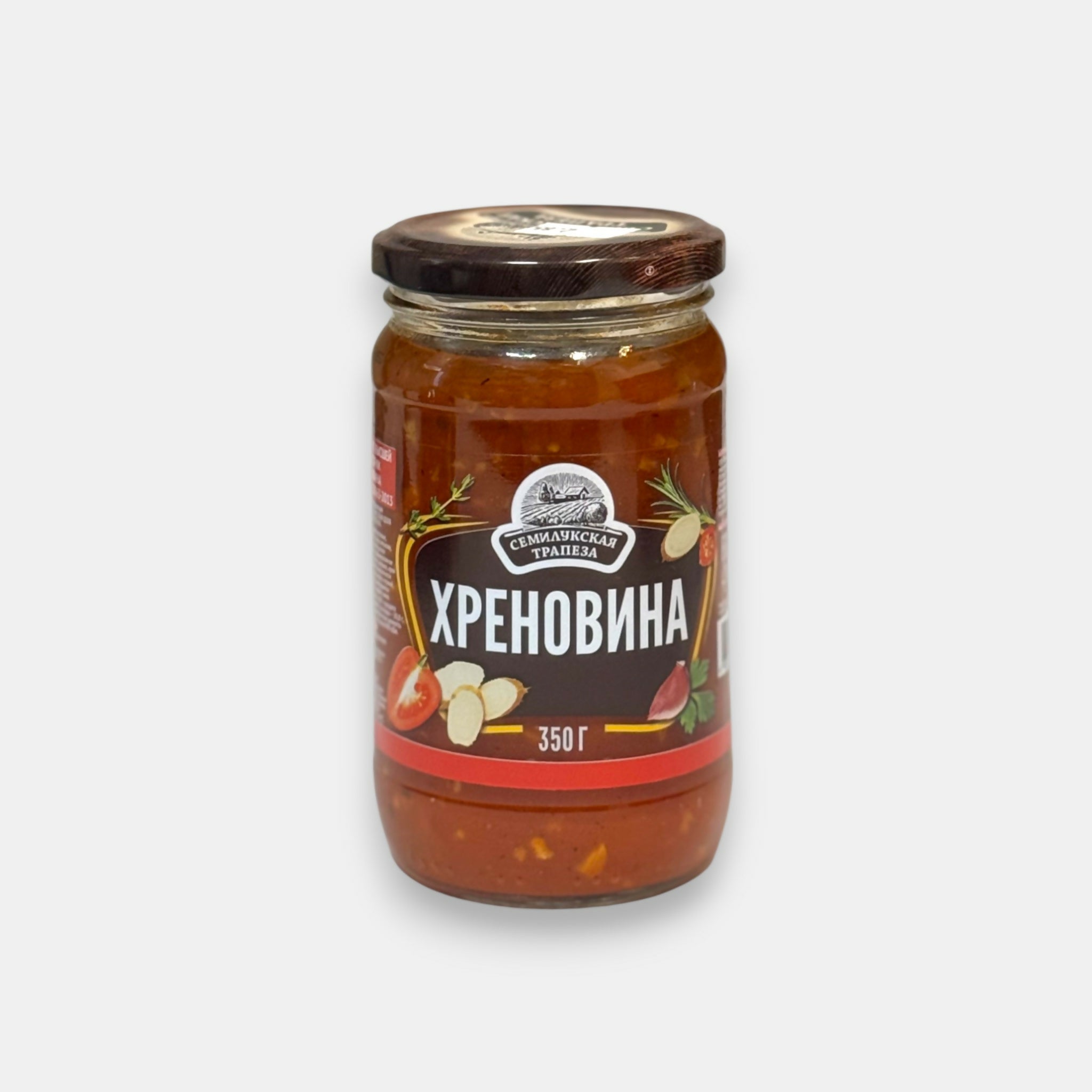 Bocal de Khrenovina Semiloukskaia Trapeza 350 g, sauce traditionnelle aux tomates, raifort et ail – épicerie slave à Paris Pomo.bio, livraison rapide