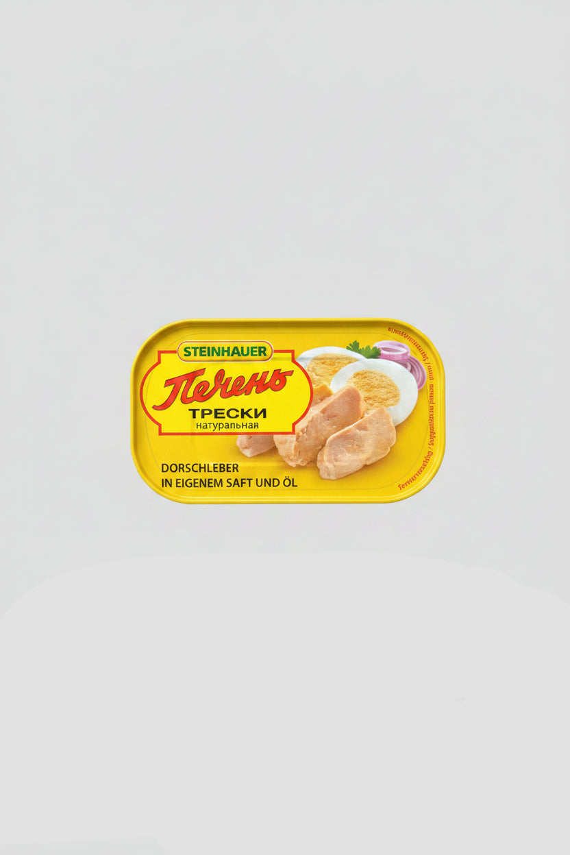 Boîte de foie de morue à l'huile naturelle Steinhauer 120 g, épicerie slave à Nice