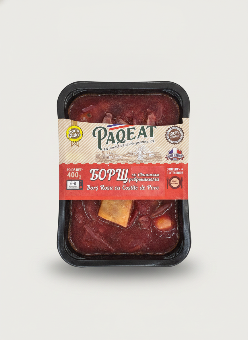 Barquette de bortsch surgelé aux côtes de porc Paqeat 400 g, plat cuisiné slave fabriqué en France