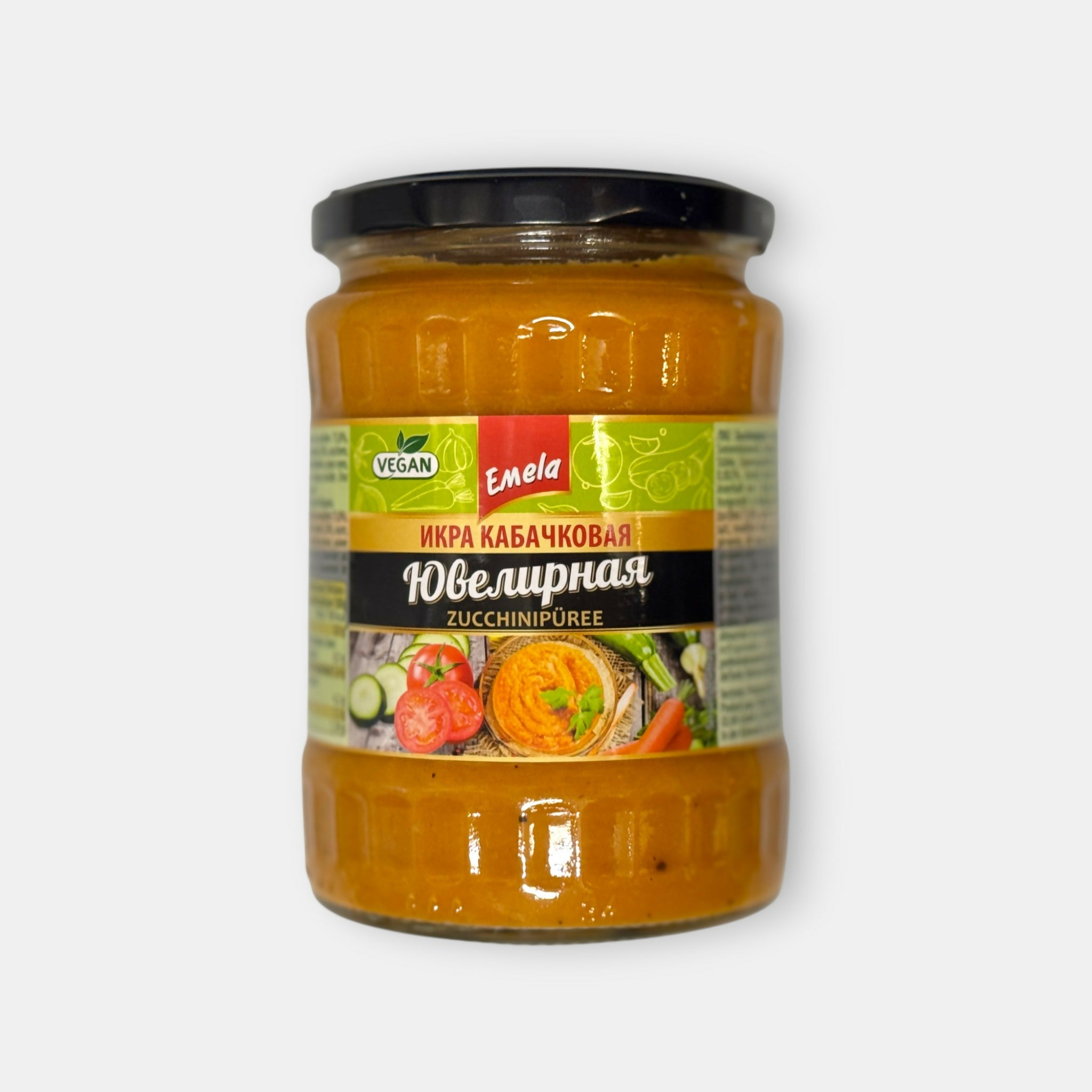 Pot de purée de courgette « Yuvelirnaya » Emela 540 g, vue de face, caviar de légumes épais — Pomo.bio.