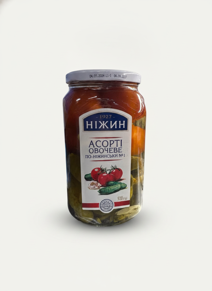 Bocal d'assortiment de légumes marinés Nezhin Po-Nizhynsky N°1, 920 g, épicerie slave