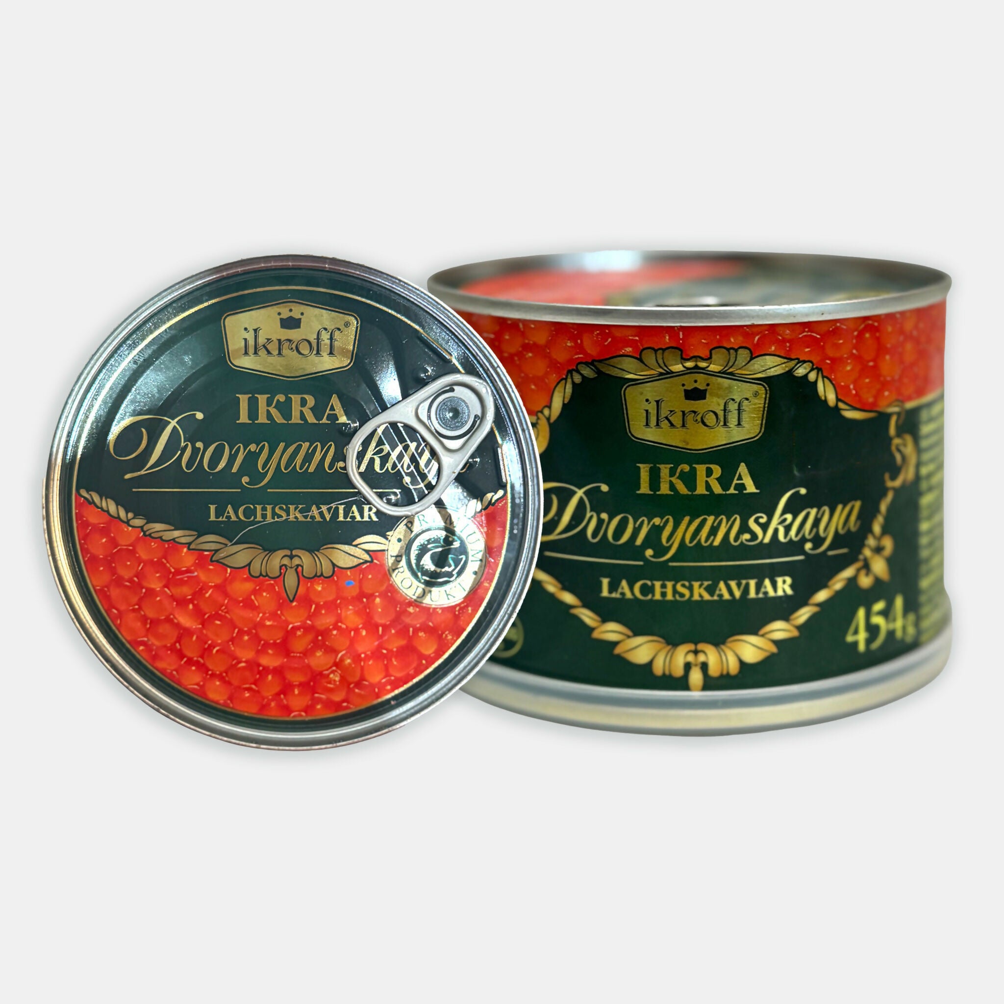 Photo de la grande boîte de caviar de saumon rose et son emballage, vue de face, produit d’épicerie slave à Paris — livraison rapide Pomo.bio.