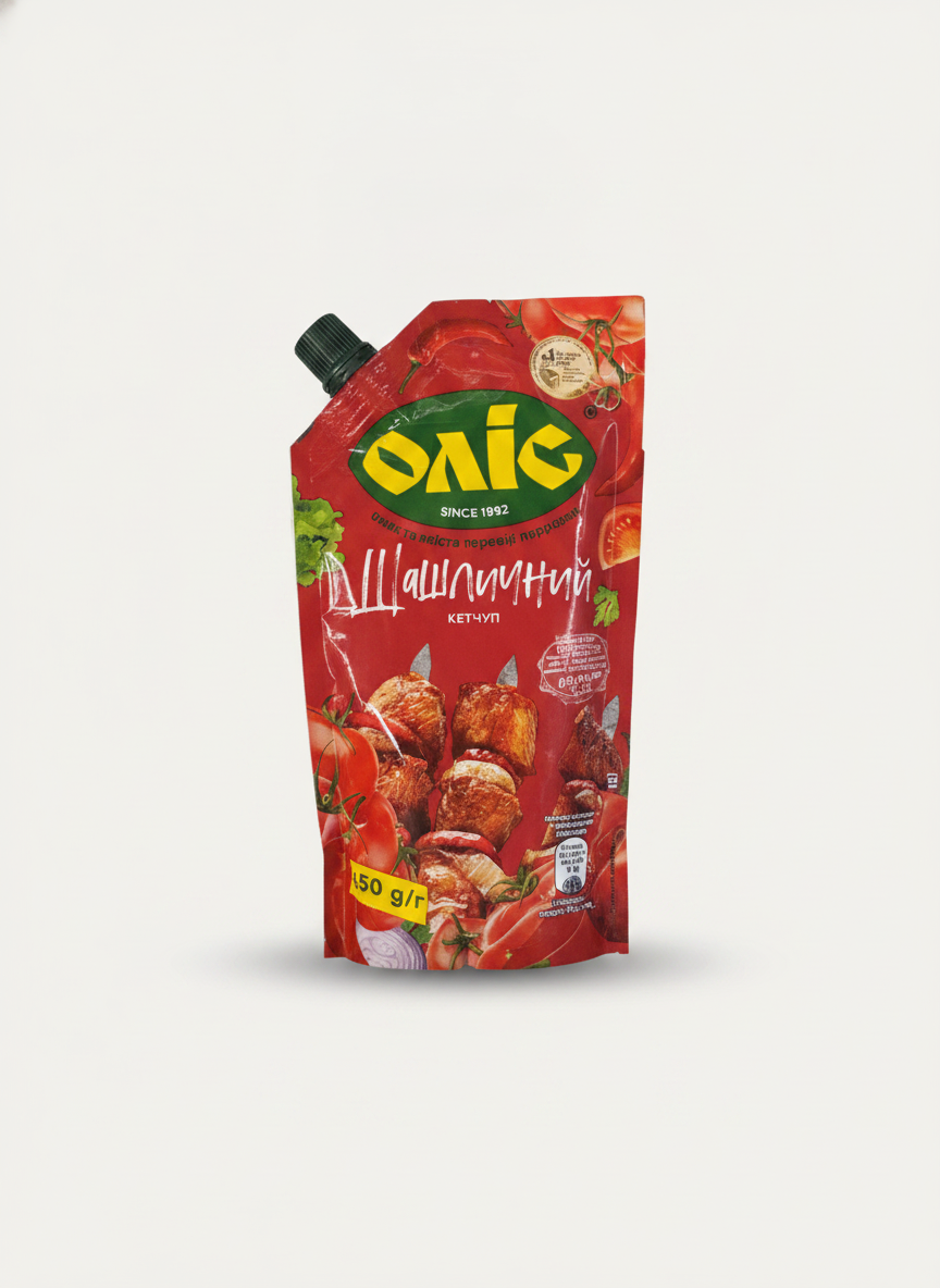 Doypack de ketchup barbecue Olis 250 g, sauce tomate ukrainienne, épicerie slave