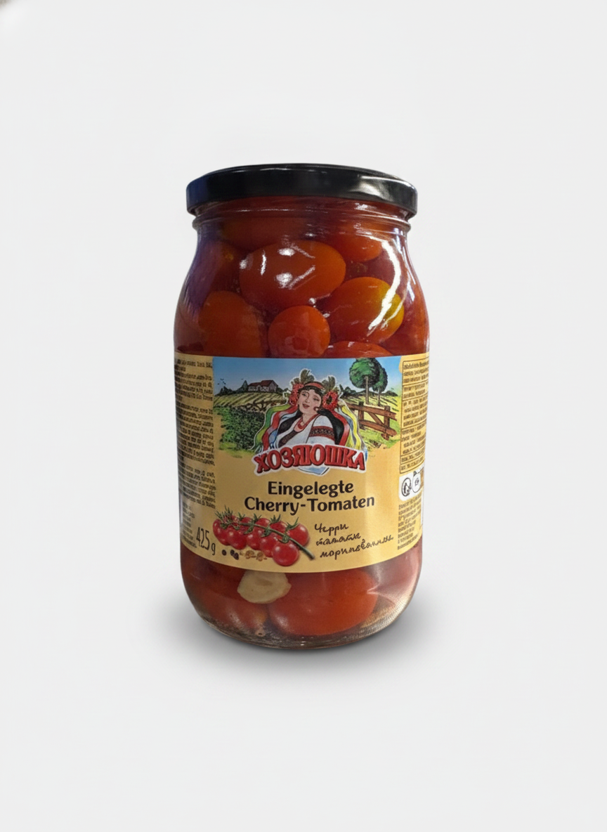 Bocal de tomates cerises marinées Hosyaushka 800 g, épicerie slave