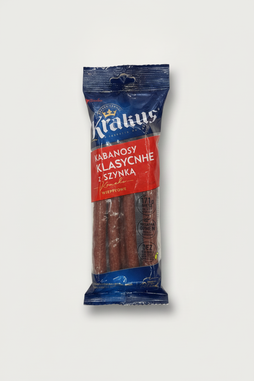 Saucisses kabanosy classiques au jambon Krakus 150 g, épicerie slave en ligne Pomo.bio