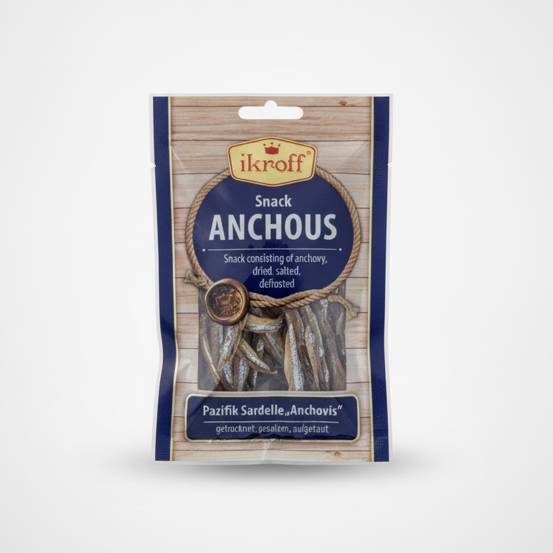 Sachet d'anchois séchés salés Ikroff 36 g, snack poisson, épicerie slave
