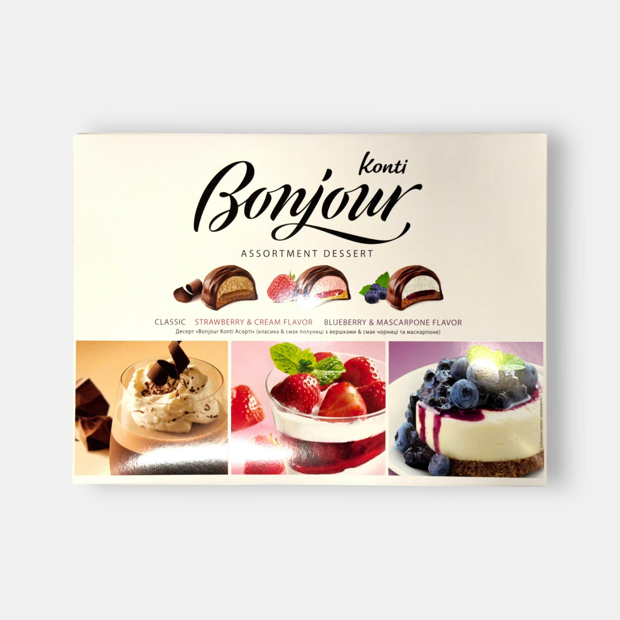 Vue de face d’un assortiment de desserts Bonjour, 348 g, mini-entremets aux saveurs chocolat, fraise et myrtille, épicerie slave Pomo.bio avec livraison rapide à Paris.