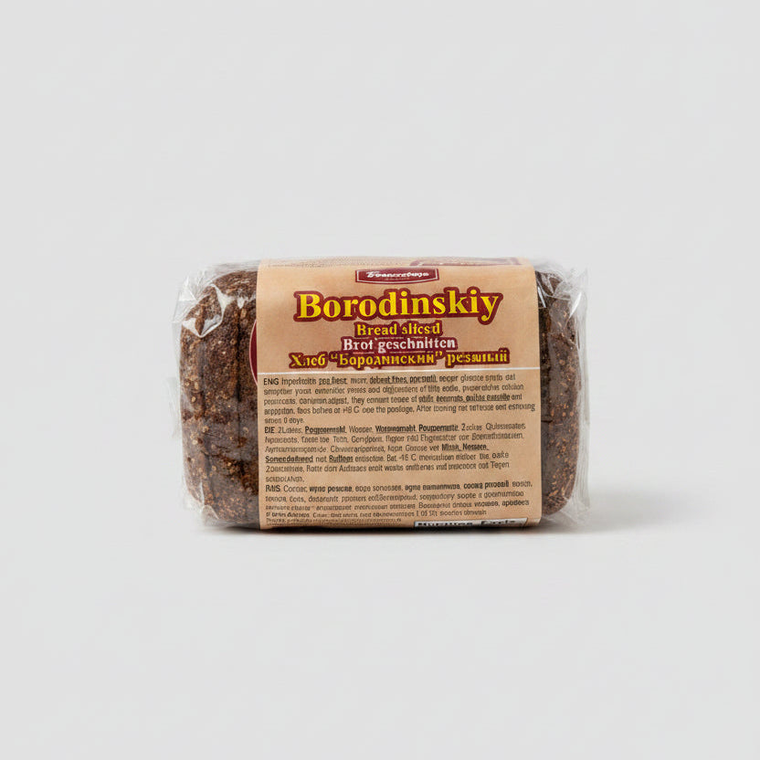 Pain noir de seigle Borodinsky 450 g, miche dense au malt et coriandre, épicerie slave en ligne