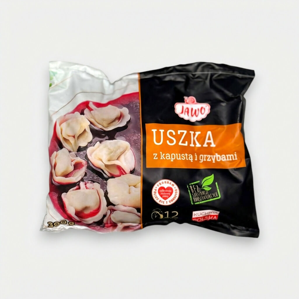 Pelmeni Uszka au chou et champignons Jawo 300 g, sachet de raviolis inspirés de la cuisine d’Europe centrale, spécialité d’épicerie slave sur Pomo.bio, livraison rapide à Paris