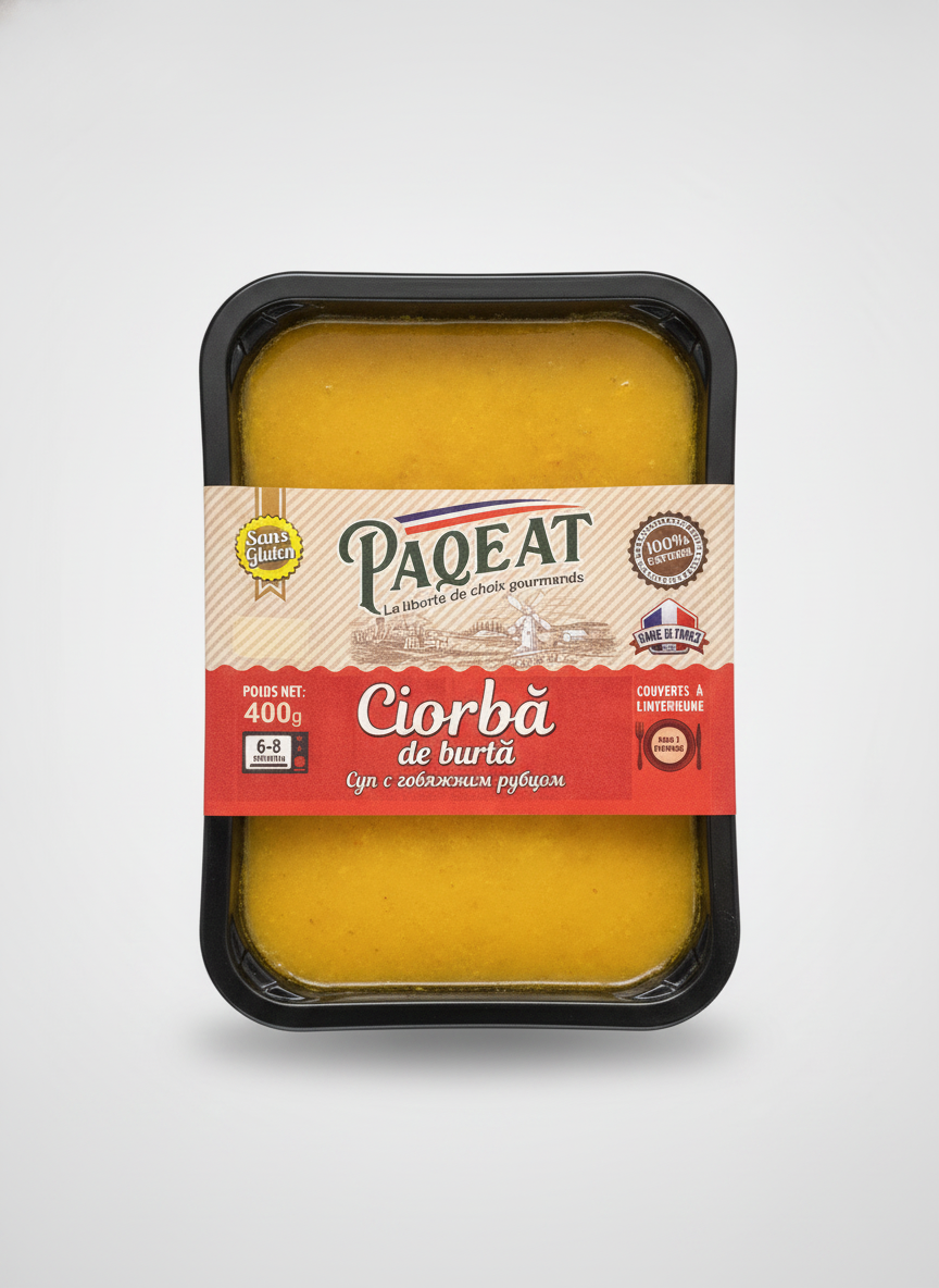 Barquette surgelée Ciorba de burta Paqeat 400 g, soupe roumaine au gras-double de bœuf, fabriquée en France